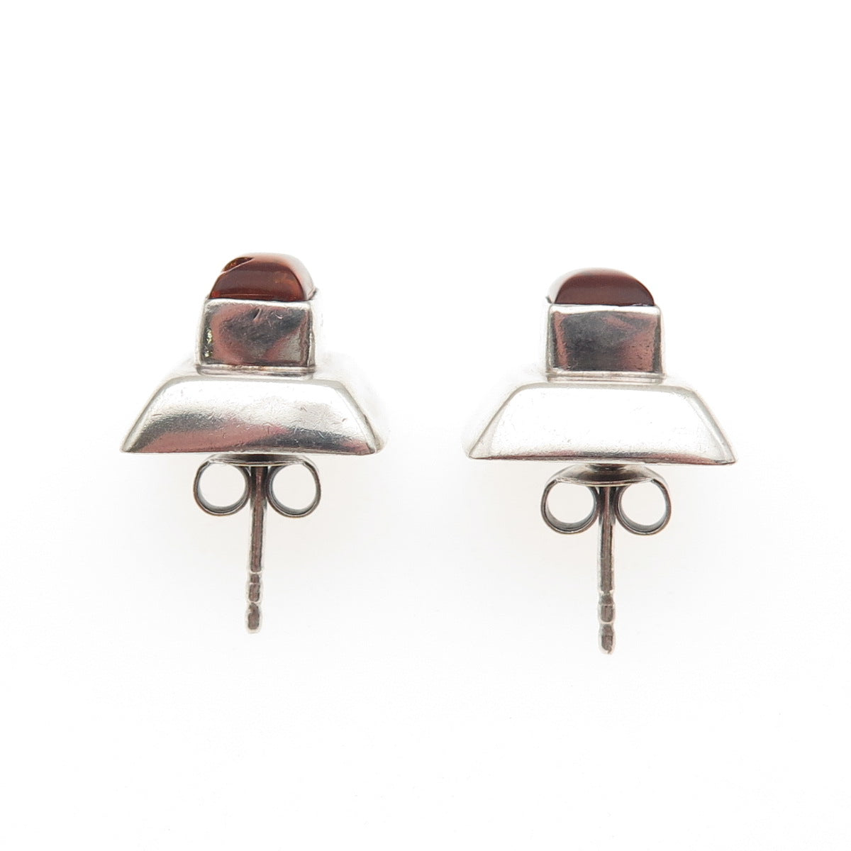 925 Sterling Silver Vintage Real Amber Modernist Earrings