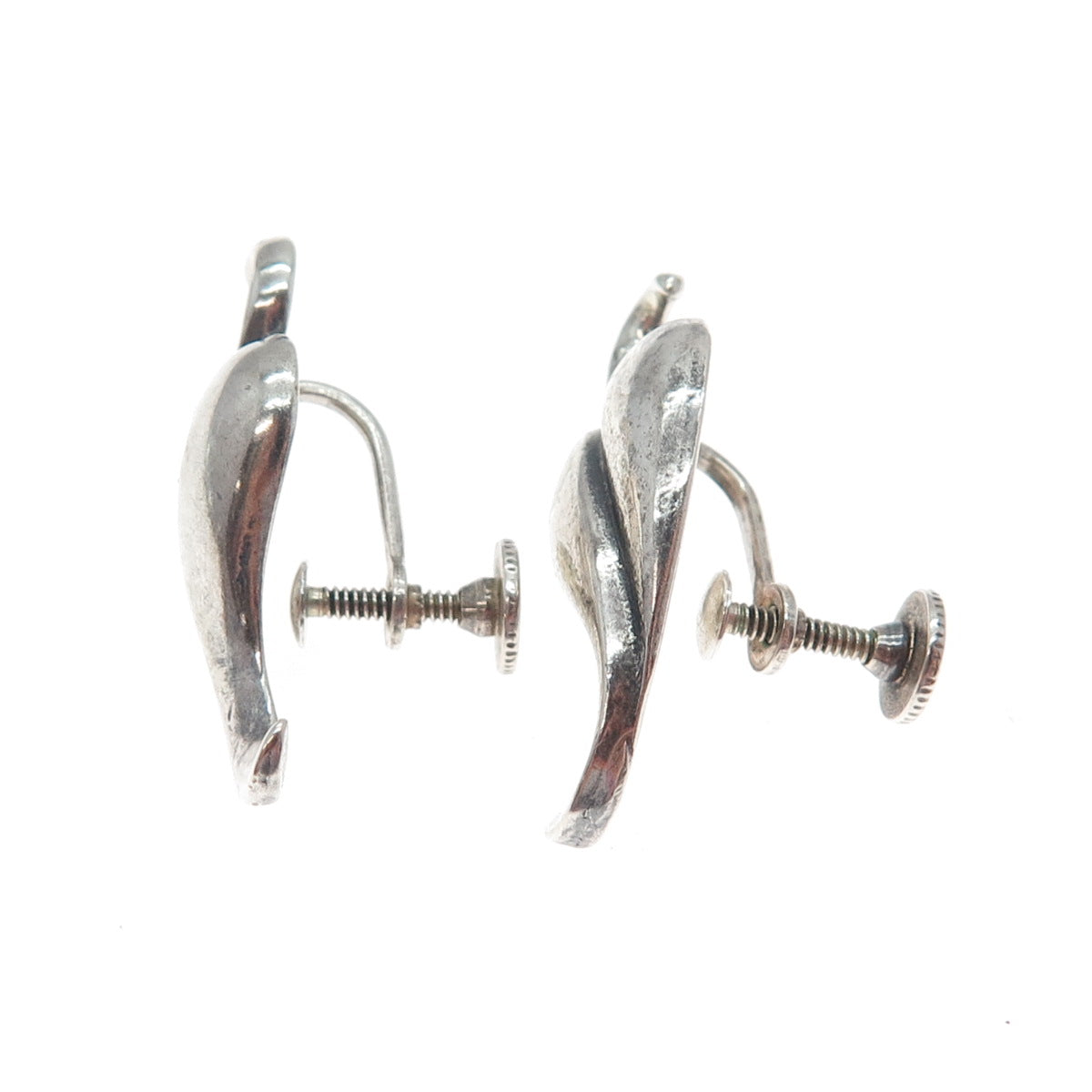 925 Sterling Silver Vintage Modernist Floral Leaf Oxidized Screw Back Earrings