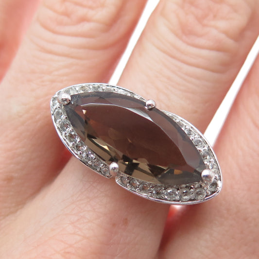 925 Sterling Silver 2-Tone Real Smoky Quartz & White Topaz Ring Size 9.25