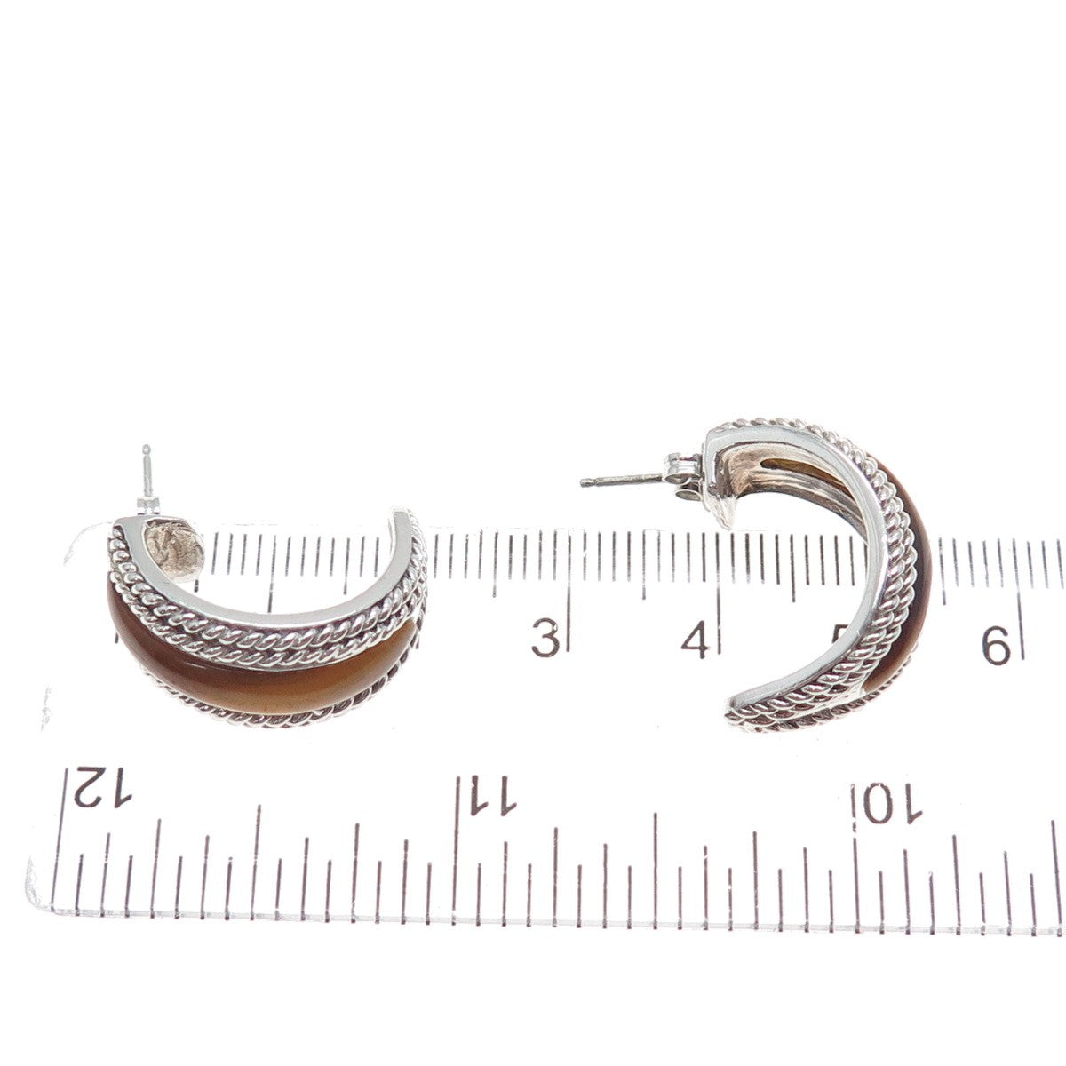 SAI 925 Sterling Silver Vintage Real Tiger Eye Crescent Hoop Earrings