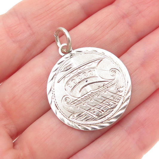 925 Sterling Silver Antique Art Deco Greek Ship & Vase Token Charm Pendant