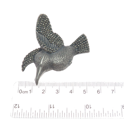 925 Sterling Silver Vintage Amethyst Gem Rhinestone Hummingbird Oxidized Brooch