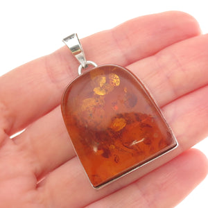 925 Sterling Silver Vintage Real Amber Modernist Pendant
