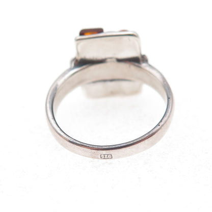 925 Sterling Silver Vintage Real Amber Modernist Oxidized Ring Size 6