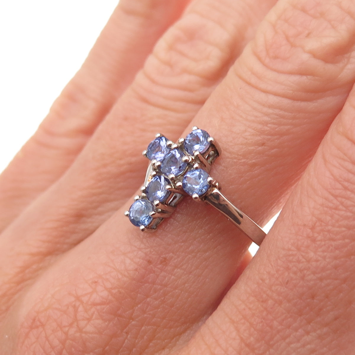 Chuck Clemency 925 Sterling Silver Real Round-Cut Tanzanite Cross Ring Size 7.25