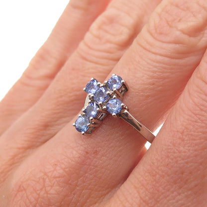 Chuck Clemency 925 Sterling Silver Real Round-Cut Tanzanite Cross Ring Size 7.25