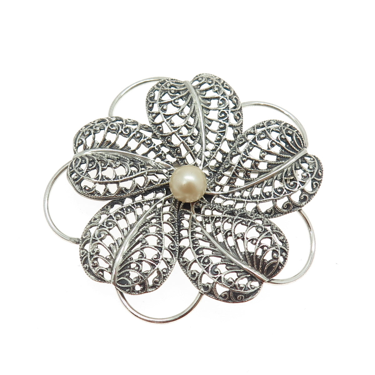 BEAU 925 Sterling Silver Vintage Faux Pearl Floral Filigree Pin Brooch