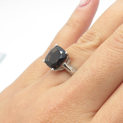 925 Sterling Silver Real Cushion-Cut Smoky Quartz Ring Size 6