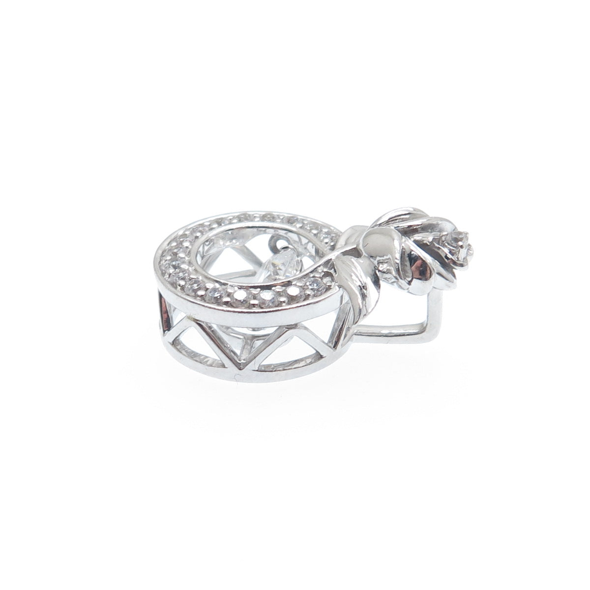 925 Sterling Silver Round-Cut C Z Rose Flower Minimalist Charm Slide Pendant