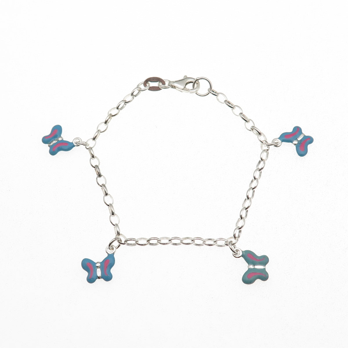925 Sterling Silver Enamel Butterfly Dangle Charm Oval Link Bracelet 6"