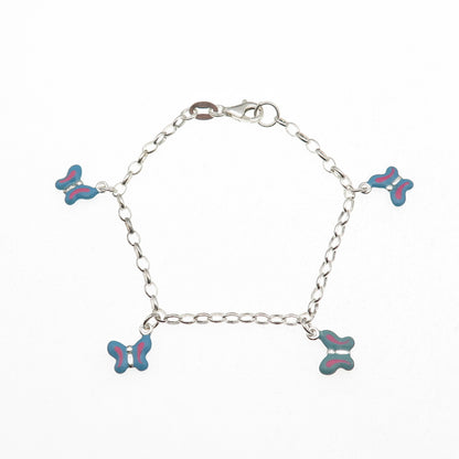925 Sterling Silver Enamel Butterfly Dangle Charm Oval Link Bracelet 6"