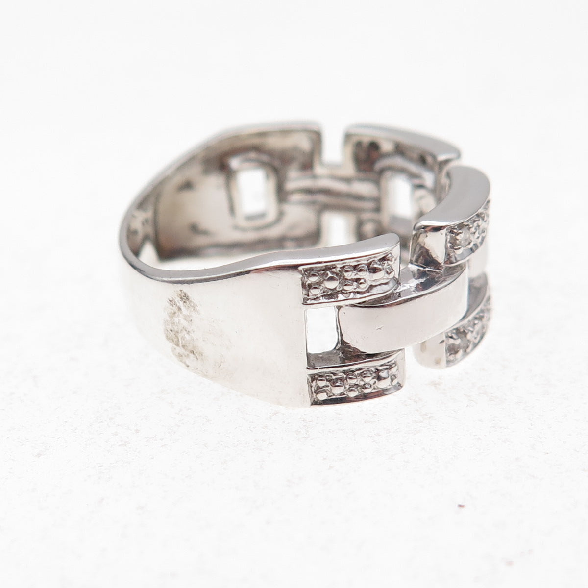 925 Sterling Silver Real Round-Cut Diamond Chain Link Ring Size 8