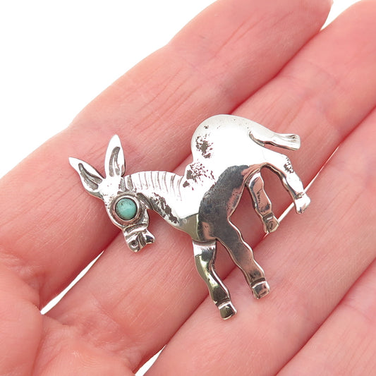925 Sterling Silver Vintage Mexico Real Turquoise Donkey Pin Brooch