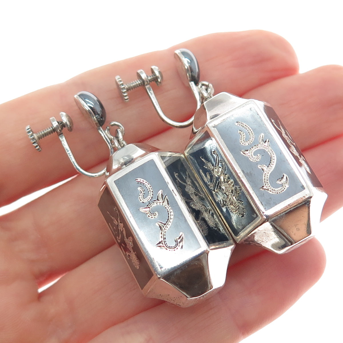925 Sterling Silver Antique Siam Niello Hindu Goddess Screw Back Dangle Earrings