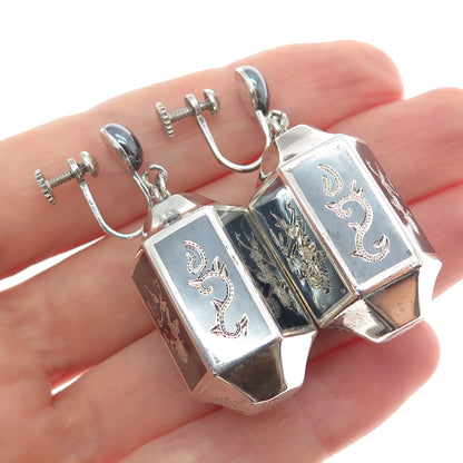 925 Sterling Silver Antique Siam Niello Hindu Goddess Screw Back Dangle Earrings