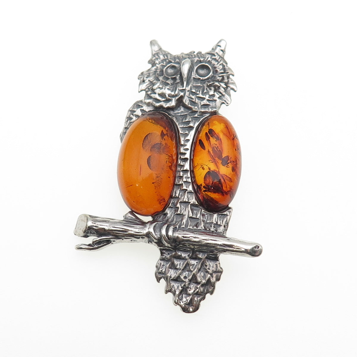 925 Sterling Silver Vintage Poland Real Amber Owl Bird Oxidized Pin Brooch