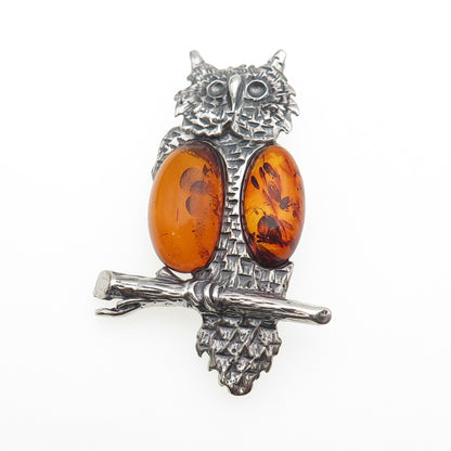 925 Sterling Silver Vintage Poland Real Amber Owl Bird Oxidized Pin Brooch