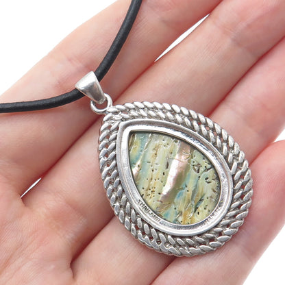 HAN 925 Sterling Silver Real Abalone Shell Teardrop Pendant Cord Necklace 18"
