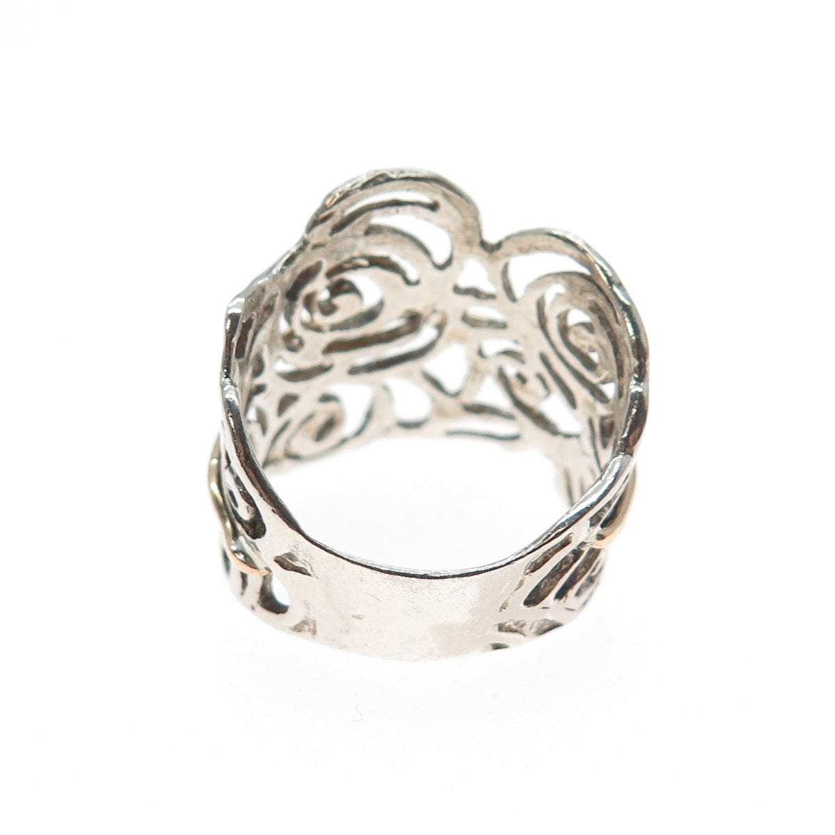 925 Sterling Silver 2-Tone Vintage Modernist Rose Flower Ring Size 7.25
