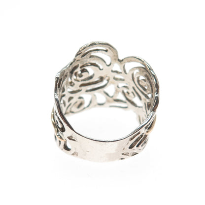 925 Sterling Silver 2-Tone Vintage Modernist Rose Flower Ring Size 7.25