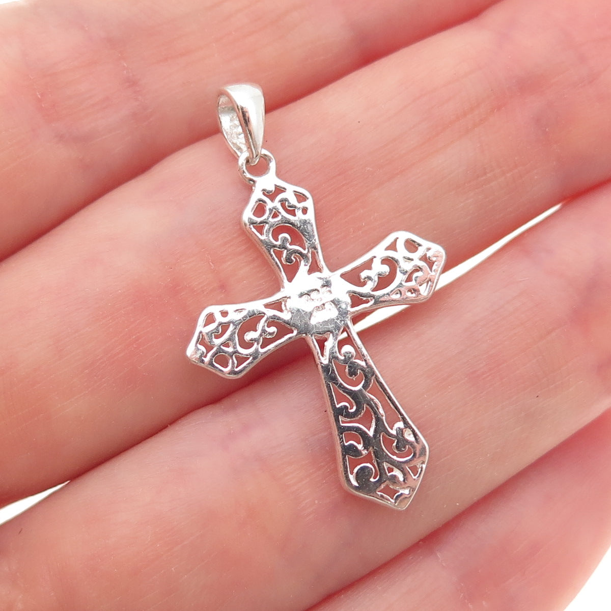 Charles Winston 925 Sterling Vintage Real MOP Floral Scroll Cross Charm Pendant