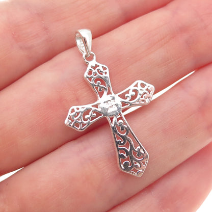 Charles Winston 925 Sterling Vintage Real MOP Floral Scroll Cross Charm Pendant