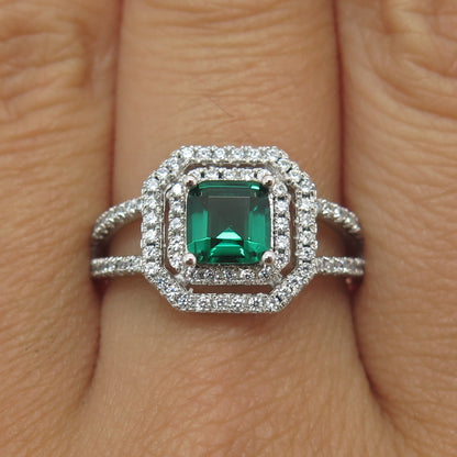925 Sterling Silver Nano Emerald & Round-Cut C Z Ring Size 9