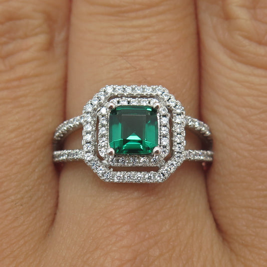 925 Sterling Silver Nano Emerald & Round-Cut C Z Ring Size 9