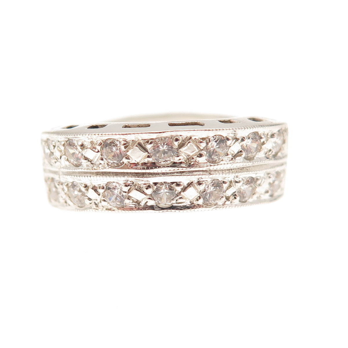 925 Sterling Silver Vintage Round-Cut C Z Wavy Ring Size 7.25
