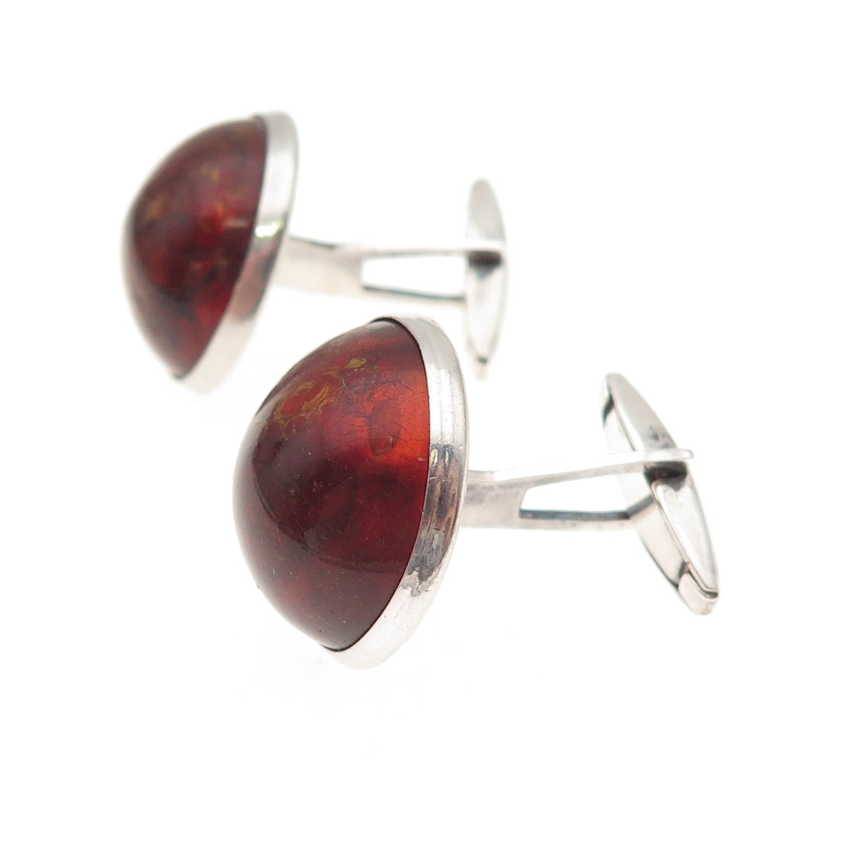 925 Sterling Silver Vintage FW Poland Real Amber Modernist Cufflinks