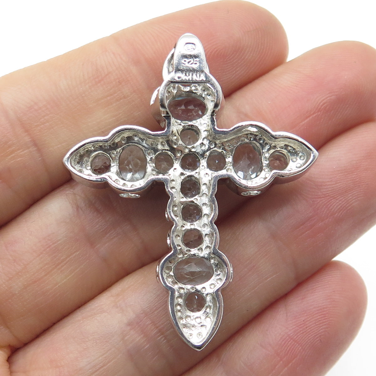 925 Sterling Silver Real Blue Topaz Gemstone Cross Slide Pendant