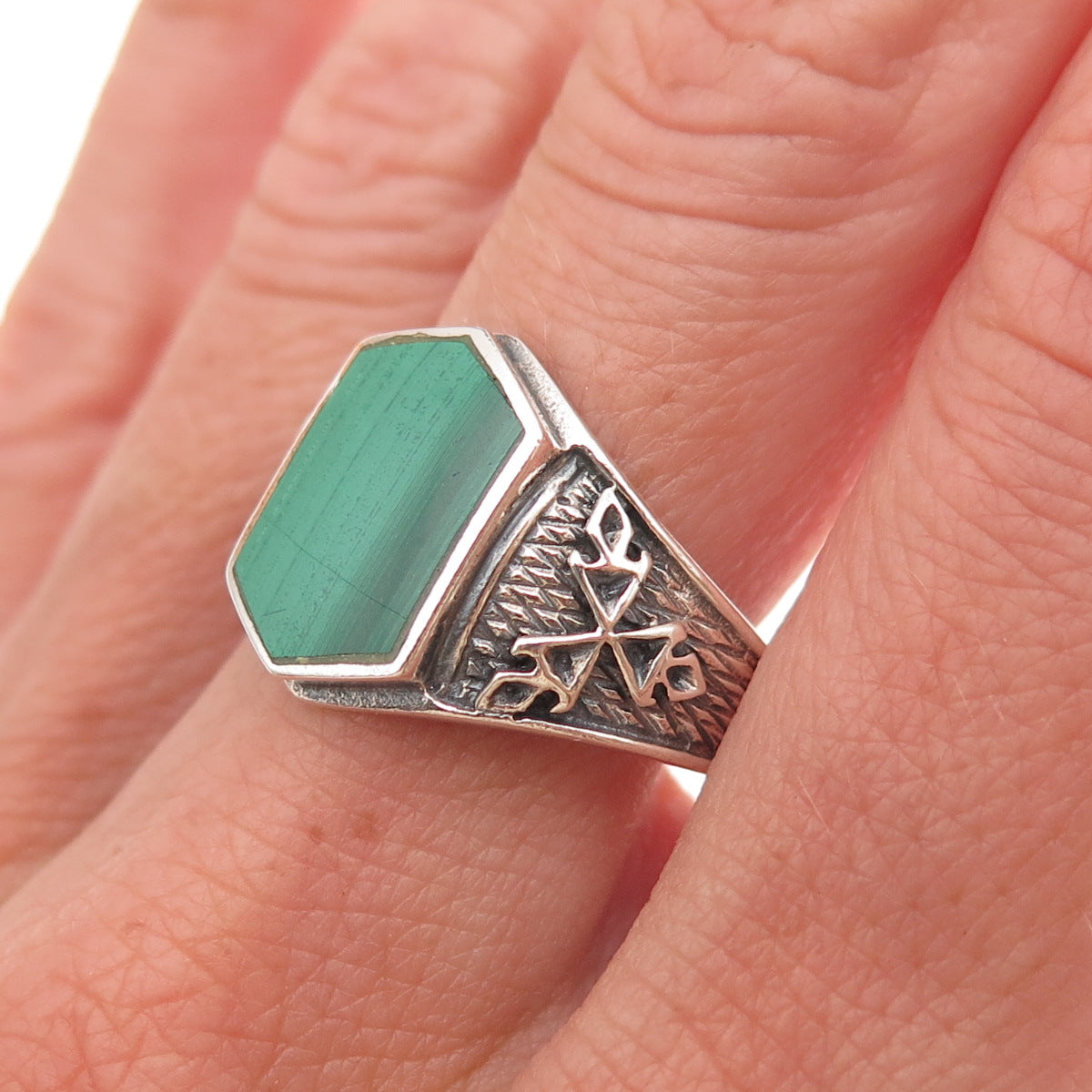 925 Sterling Silver Vintage Real Malachite Snowflake Oxidized Ring Size 10.25