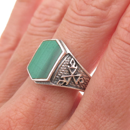 925 Sterling Silver Vintage Real Malachite Snowflake Oxidized Ring Size 10.25