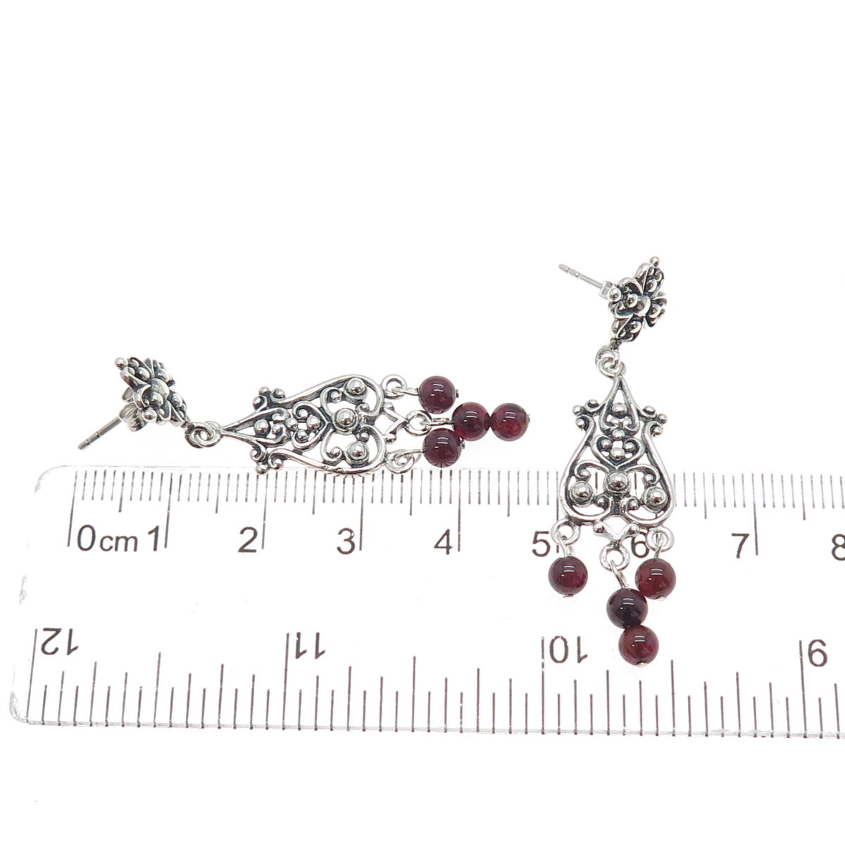925 Sterling Silver Vintage Tourmaline Flower Beaded Oxidized Dangle Earrings