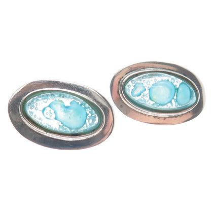 925 Sterling Silver Vintage Aqua Bubble Glass Modernist Earrings