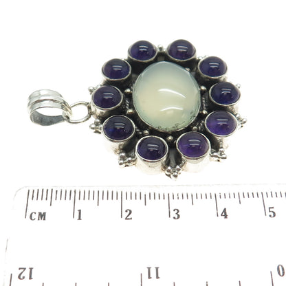 925 Sterling Silver Vintage Real Chalcedony & Amethyst Modernist Floral Pendant