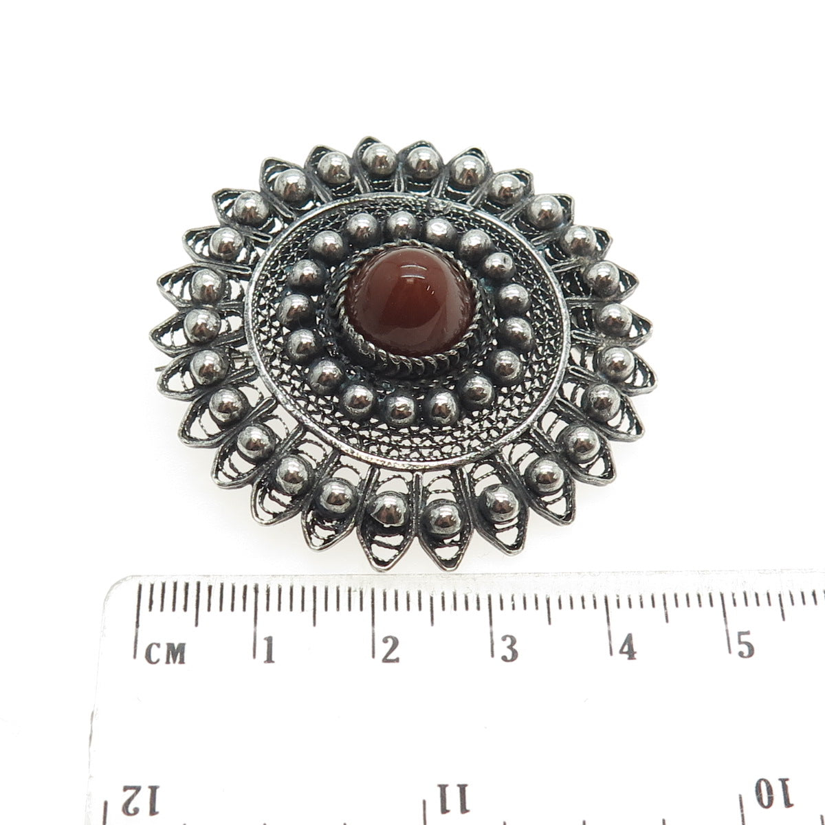 800 Silver Antique Egypt Real Red Agate Gemstone Filigree Pin Brooch