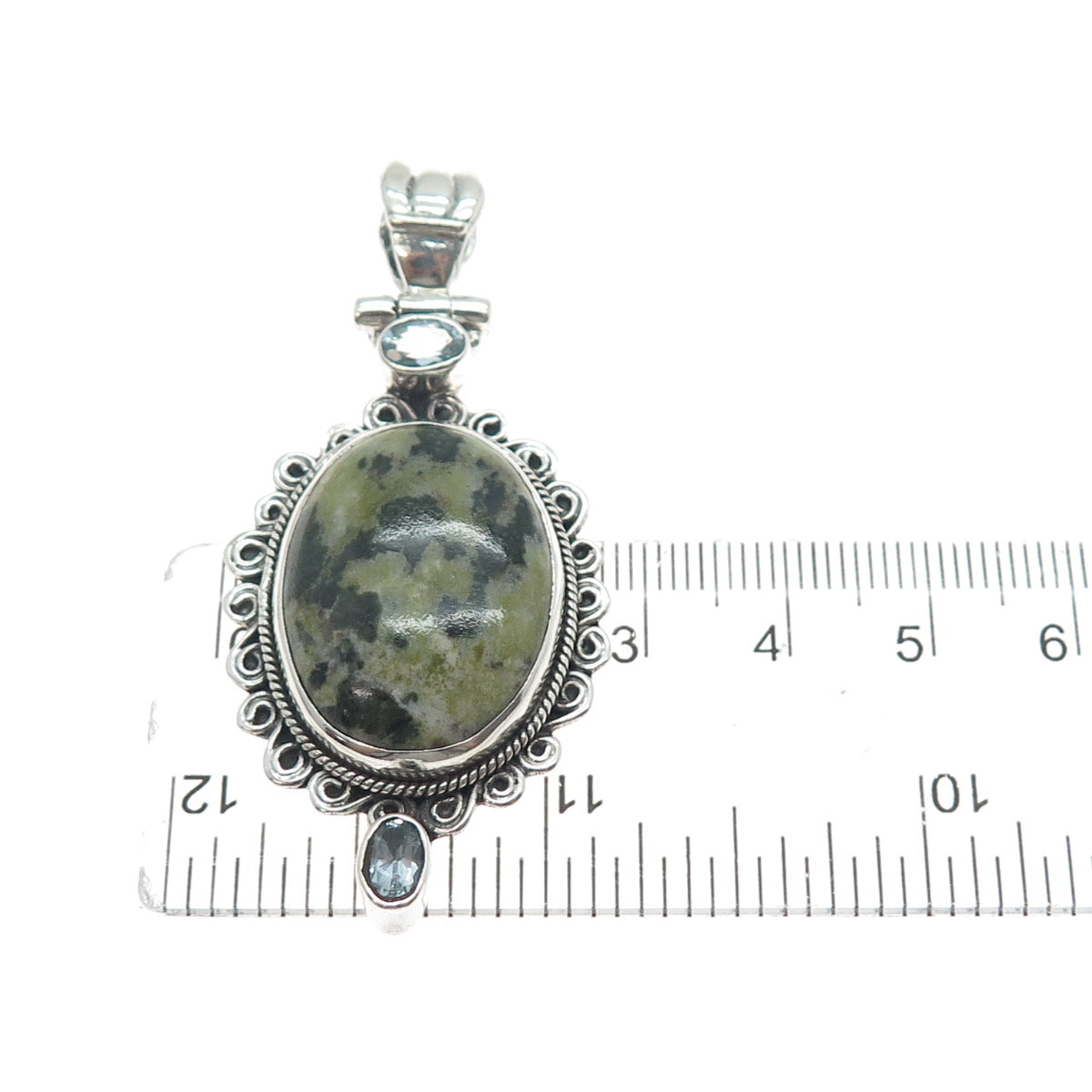 925 Sterling Silver Vintage Real Serpentine & Blue Topaz Charm Pendant