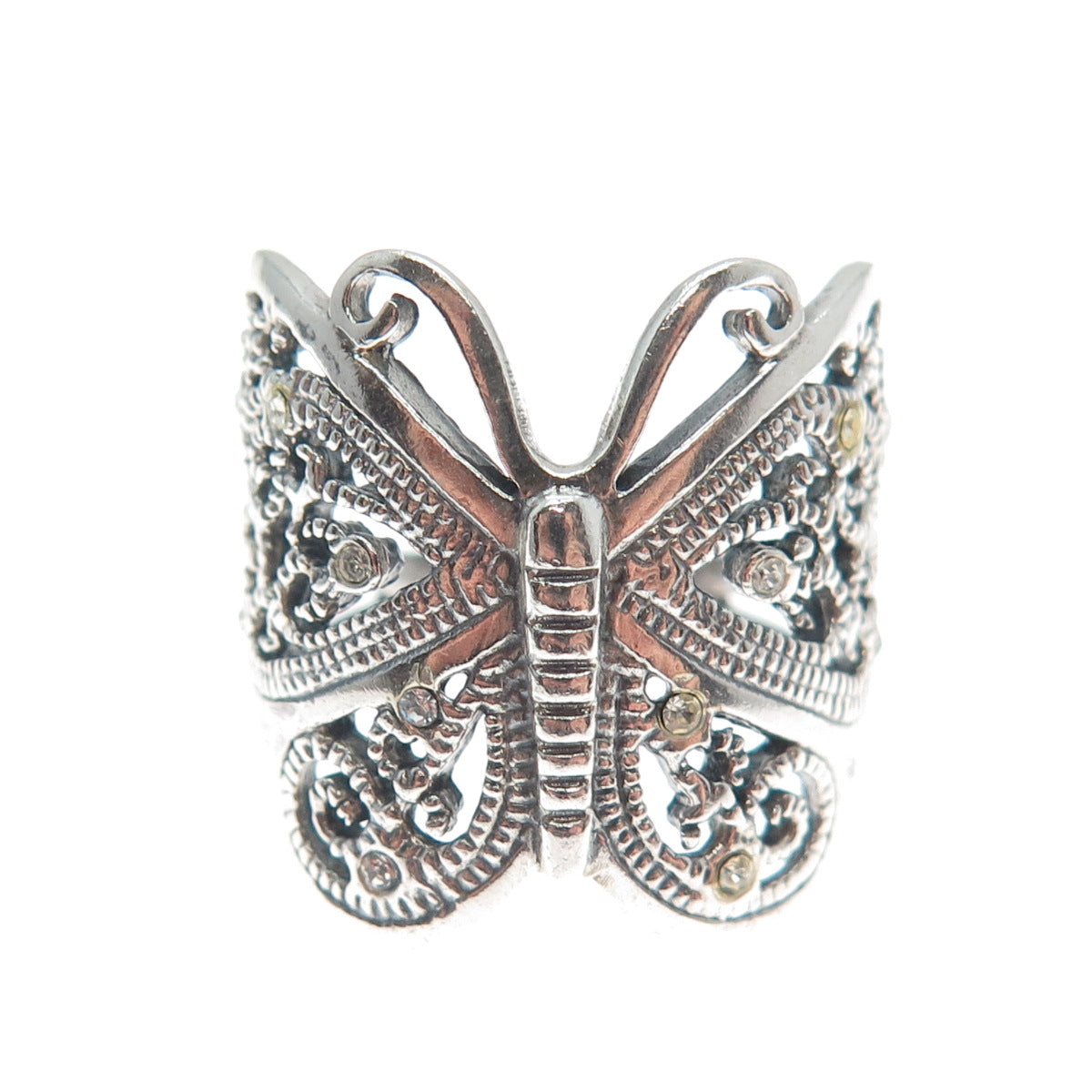925 Sterling Silver Vintage Rhinestone Butterfly Oxidized Ring Size 6.75