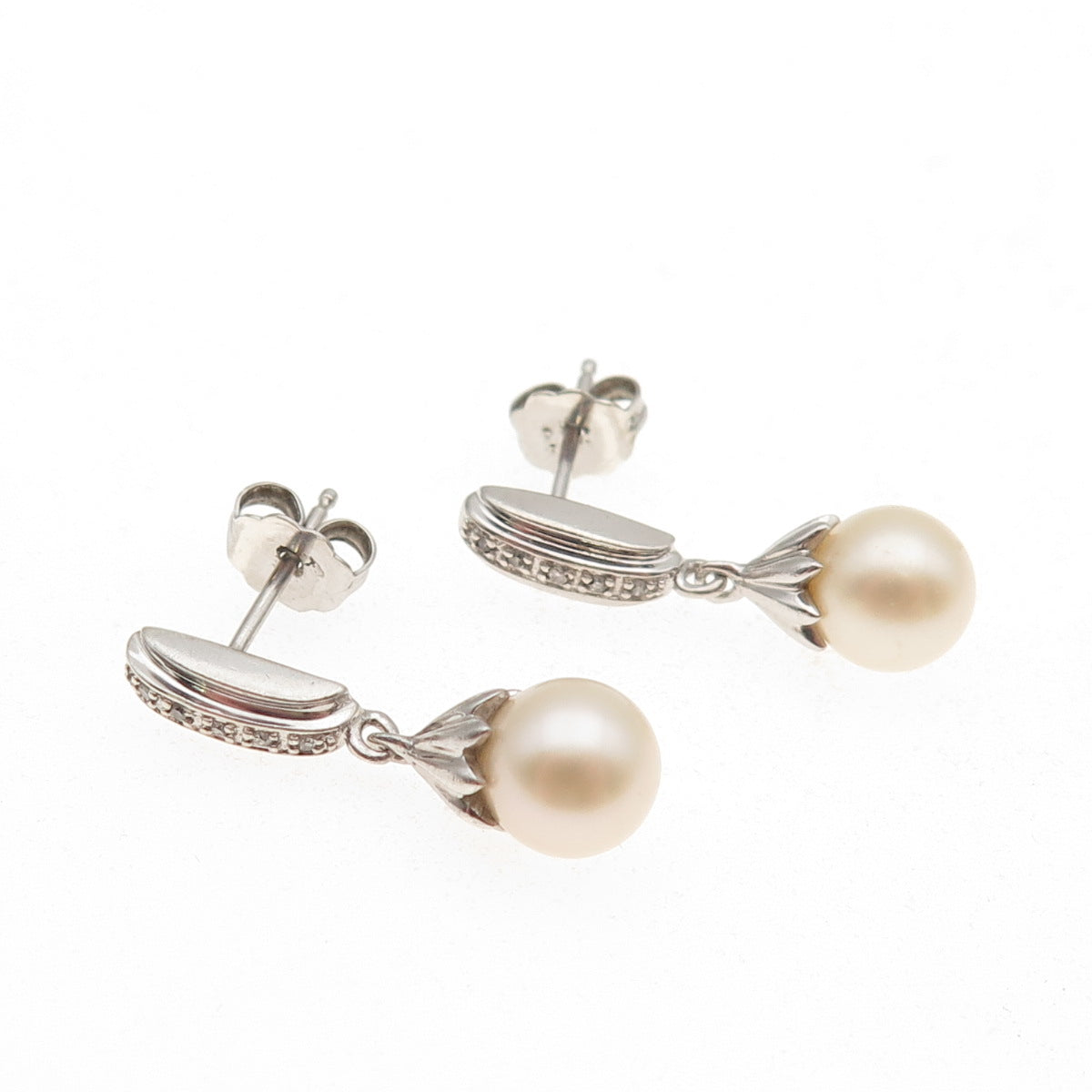 925 Sterling Silver Real Round-Cut Diamond & Pearl Dangle Earrings