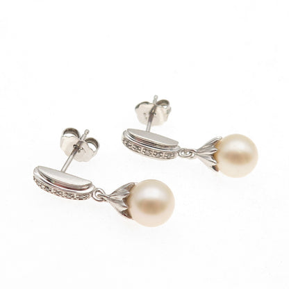 925 Sterling Silver Real Round-Cut Diamond & Pearl Dangle Earrings