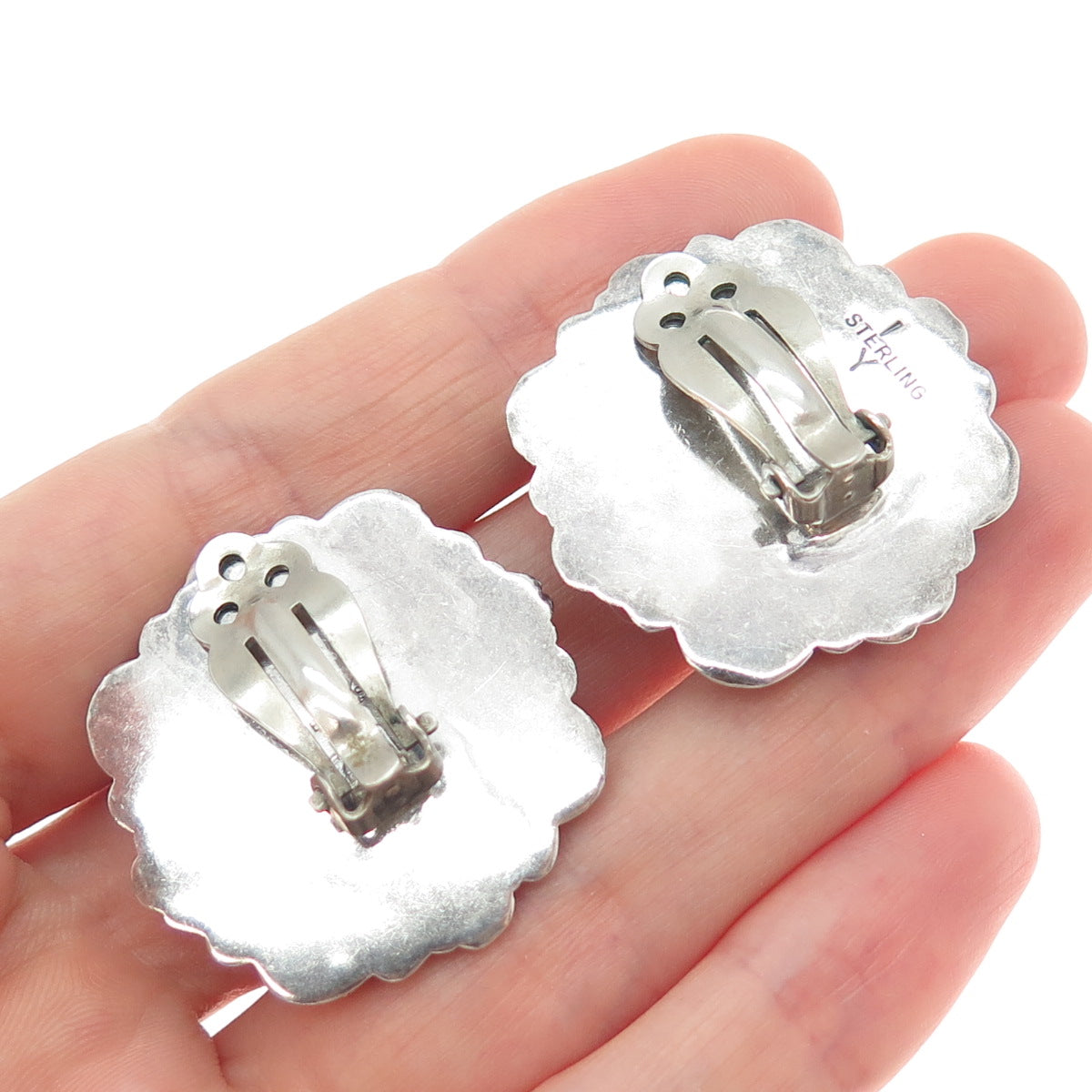 SILVER CLOUD Old Pawn 925 Sterling Vintage Multi-Gem Flower Clip On Earrings