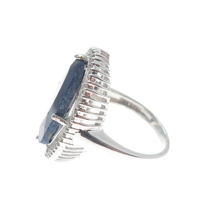 925 Sterling Silver Real Round-Cut Diamond & Oval-Cut Sapphire Ring Size 6.75