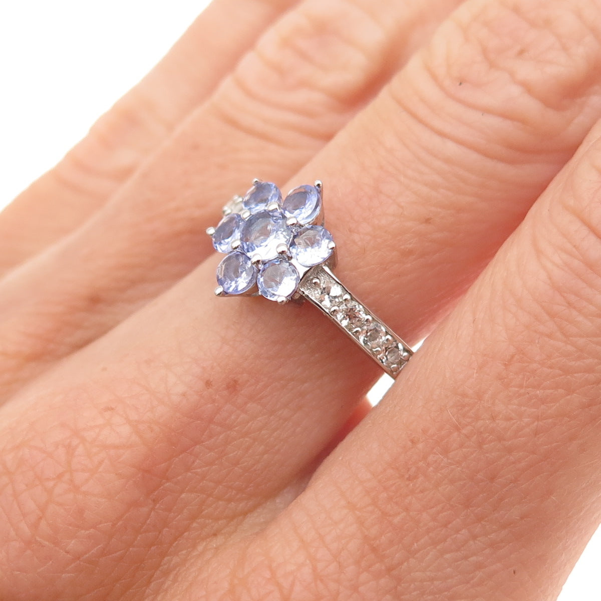 925 Sterling Silver Real Tanzanite & White Topaz Floral Ring Size 7.25