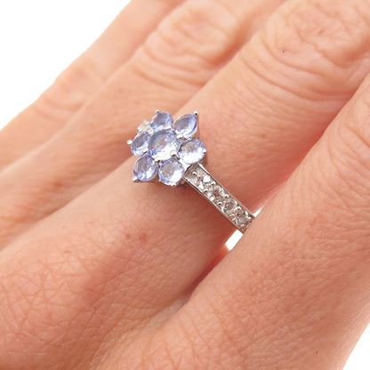 925 Sterling Silver Real Tanzanite & White Topaz Floral Ring Size 7.25