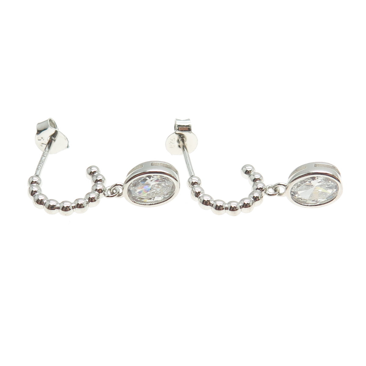 925 Sterling Silver Oval-Cut C Z Beaded Hoop Earrings