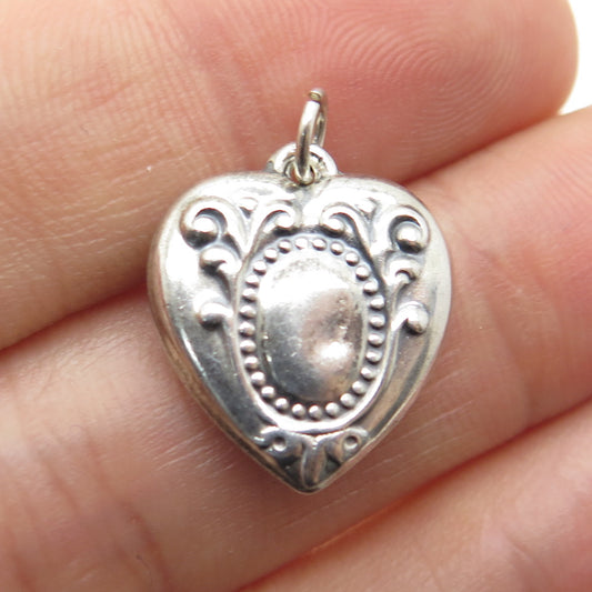 925 Sterling Silver Antique Art Deco Repousse Chatelaine Heart Charm Pendant