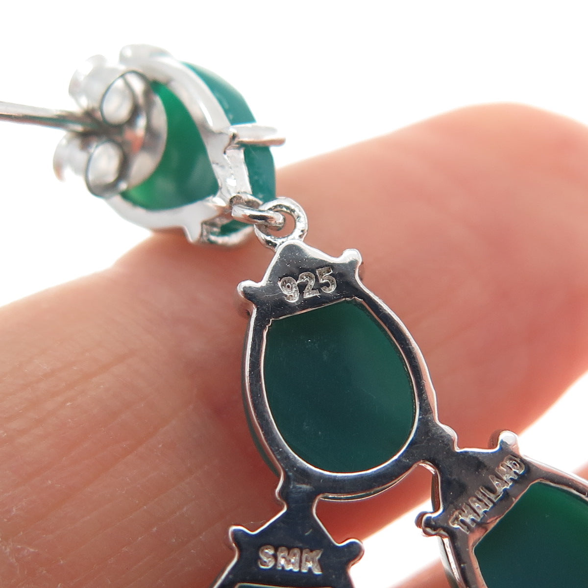 925 Sterling Silver Real Pear-Cut Green Onyx Chandelier Dangle Earrings