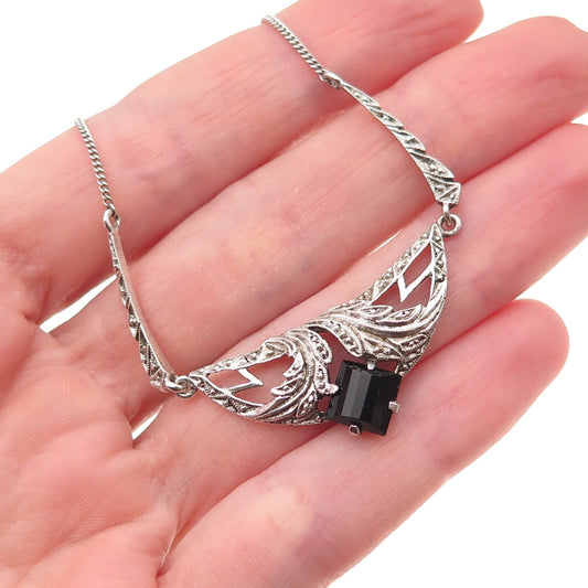 935 Silver Antique Art Deco Real Black Onyx Chain Necklace 18" (missing lock)