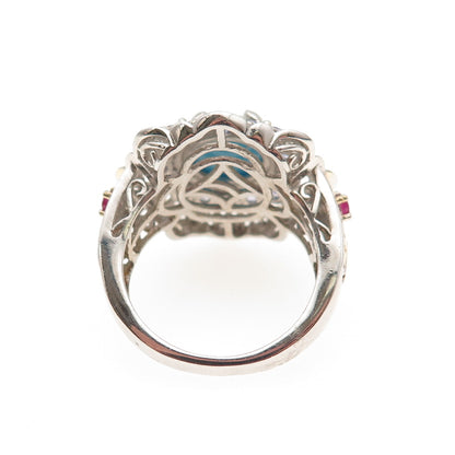 Chuck Clemency 925 Sterling 2-Tone Real Turquoise Tanzanite & Ruby Ring Size 8